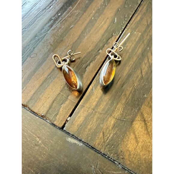 Vintage Reversible Sterling Silver Earrings Amber & Turquoise Dangle  Earrings - Picture 6 of 7